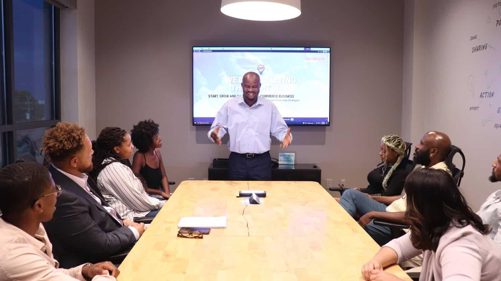 Business speaker engaging audience during a presentation.