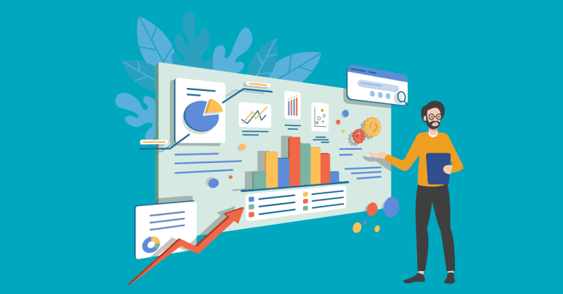 Illustration of a man analyzing data charts and graphs on a digital screen.
